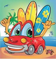 car cartoon with surfboard on beach background vector