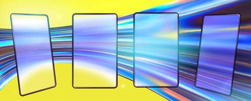 Glassmorphism screen smartphone. Transparent matt glass plates on the holographic blue texture. Smartphones on the modern tech yellow abstract background vector