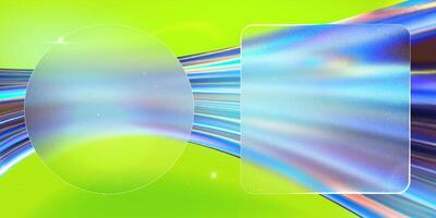 Glass morphism geometric screens on the modern tech bright light green abstract background. Transparent matt glass plates on the blue holographic texture. vector