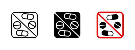 Drugs prohibition icon. No pills illustration. Restricted sign for medication and narcotics control in public spaces. Warning symbol for safety regulations against unauthorized drug use. vector