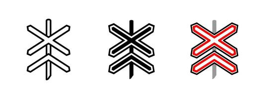 Railroad crossing icon. Railway safety warning illustration. Traffic sign indicating train tracks ahead for transportation security. Caution and alert pictogram. Railway infrastructure symbol. vector