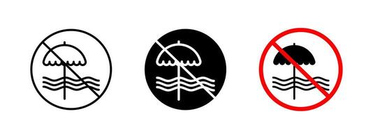 No beach icon. Prohibited sign indicating a non-public or restricted beach area. Warning symbol to prevent swimming, sunbathing or leisure activities in unauthorized coastal zones. vector