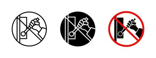 No pulling lever icon. Restriction illustration for preventing unauthorized activation. Prohibited sign emergency stop misuse. Safety and security warning symbol for restricted control access. vector