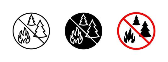 No forest fire icon. Prohibited open flames in wooded areas. Warning sign for wildfire prevention and environmental safety. Fire hazard restriction in nature reserves and protected zones. vector