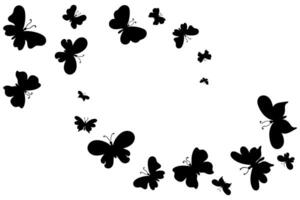 Butterflies silhouette flying, spiral arrangement isolated on white background. Random scattered butterfly silhouettes for banners, print design, packaging, posters. vector