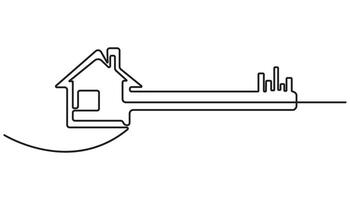 Drawing a continuous line of the house on the hand with the keys. Continuous One Line Drawing Real Estate Icons Concept, Single Line Illustration. vector