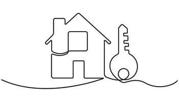 Drawing a continuous line of the house on the hand with the keys. Continuous One Line Drawing Real Estate Icons Concept, Single Line vector