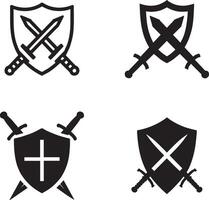 A silhouette image featuring a set of unique shield logos with crossed swords, symbolizing strength, protection, and medieval warrior themes. vector
