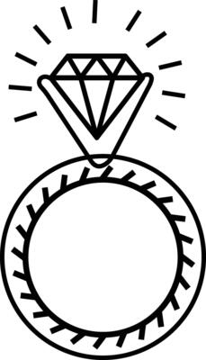 A ring with a diamond. Doodle hand drawn black and white isolated illustration, design in trendy style