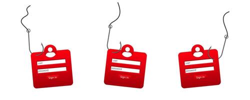 Phishing concept with red login forms on hooks highlight cybersecurity threats vector