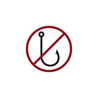 Fishing hook with red circle and diagonal line symbol for no fishing policy or restriction vector