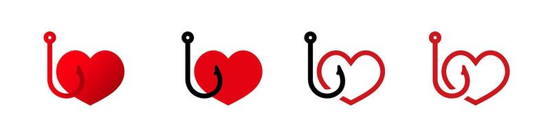 Four red heart shapes with black fishing hooks symbolizing love and attraction vector