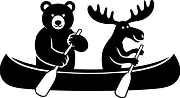 Silhouette of Moose and Bear Paddling a Canoe in Wilderness Scene vector
