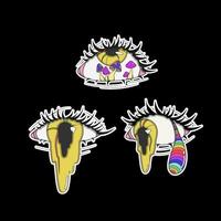 A set of three psychedelic stickers, eye with a leaking pupil, an eye with an iridescent tear, and an eye with mushrooms inside vector