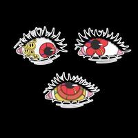 A set of three psychedelic stickers, an eye with a flower iris, an eye with emoticons, an eye with a multicolored iris vector