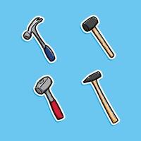 Illustration of four types of hammers in cartoon style displayed on a vibrant blue background, showcasing diverse hammer designs. vector