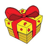 A yellow gift box with red stars and a large red bow, isolated on a white background vector