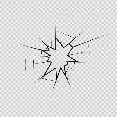 Crack shot in glass, silhouette linear crack breaks, broken glass or ice