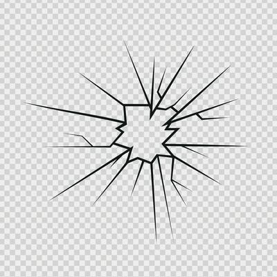 Crack shot in glass, silhouette linear crack breaks, broken glass or ice, illustration abstract