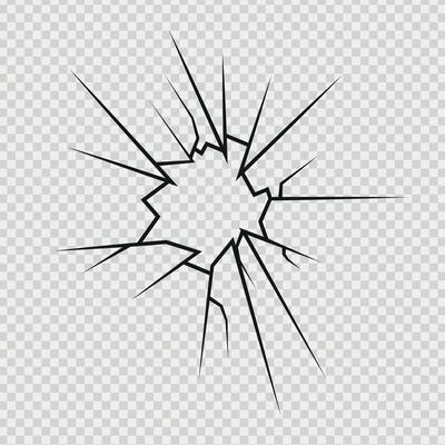 Crack shot in glass, silhouette linear crack breaks, broken glass or ice, illustration abstract patterns.