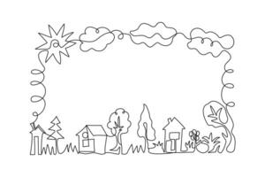Houses, drawn one line. Frame, border. Trees, sun, clouds. Outline, monochrome illustration on isolated background with place for text. vector