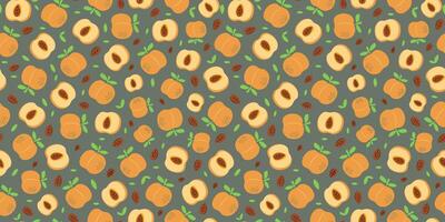 Seamless pattern. Peach, apricot slices, whole fruits. Simple abstract fruits with leaves and pits. Vitamin natural vegetarian food, garden harvest. Colored repeating background. vector