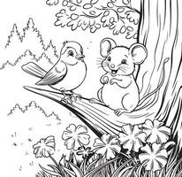 A cute bird and mouse are talking on a tree branch near flowers, coloring page for child vector