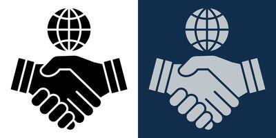 Handshake and Globe. Icon of Handshake with Globe, symbolizing international cooperation, global business, partnership, and corporate interaction. Perfect for branding and business design. vector