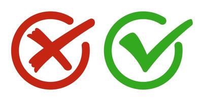 Yes No. Green Check Mark in circle. Red Cross in circle. Symbol of Error, Rejection, or Wrong Choice. Confirmation symbol, completed task mark, success icon, Approved Tick. vector