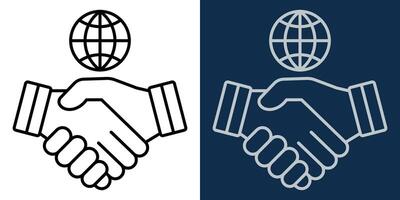 icon of Handshake with Globe symbolizing global business, international cooperation, partnership, and diplomacy. Black and white outline style. Editable Stroke. For corporate and trade designs vector