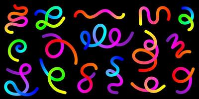 Colorful Neon Confetti Swirls and Wavy Lines on Black Background. Vibrant Abstract Curves, Gradient 3D Spiral Shapes, Bright Decorative Elements for Modern Design, Carnival and Celebration vector