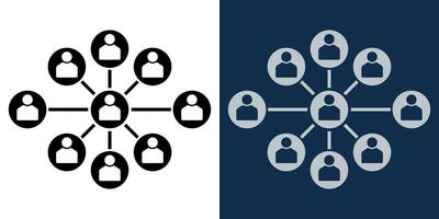 Social Network Connection Icon. People Community Structure, Communication and Teamwork Concept, Black and White Business Network Symbol on Light and Dark Background, Digital Collaboration Illustration vector