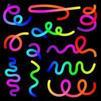 Colorful Neon Swirls and Wavy Lines Set on Black Background. Colorful Confetti. Carnival Elements. Vibrant Abstract Curves, Gradient Spiral Shapes, Bright Elements for Banners, Logos, Digital Art vector