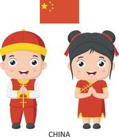 Cute china boy and girl in national clothes vector