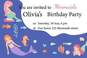 Mermaid-themed birthday party invitation with colorful underwater scene vector