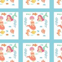 Seamless mermaid pattern with coral and fish in ocean theme vector
