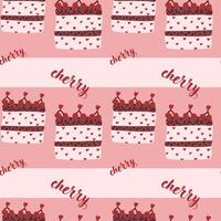 Cherry pattern with heart-decorated cakes on pink background vector