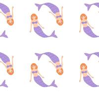Seamless pattern of cartoon redhead mermaids in purple outfits with cheerful expressions vector