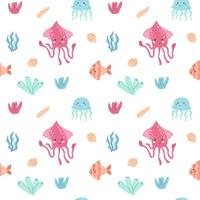 Cute marine creatures pattern with squid, jellyfish, and fish on white background vector