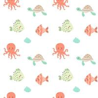 Seamless ocean creatures pattern with octopus, turtle, fish, and coral vector