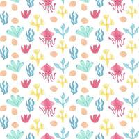 Vibrant underwater pattern with squid, coral, and seaweed elements in pastel colors vector