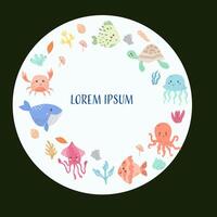 Marine-themed cartoon creatures frame with crab, turtle, jellyfish, and fish vector
