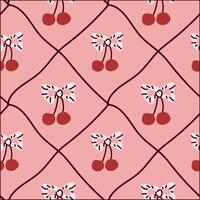 Retro pink cherry and bow pattern on diamond background vector