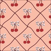 Seamless cherry pattern with bow on geometric background vector