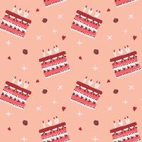 Seamless pattern of decorated cakes and hearts on peach background vector