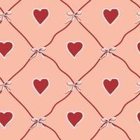 Seamless pattern with red hearts and bows on pink background vector