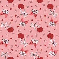 Seamless pattern with red cherries and pink flowers on soft pink background vector