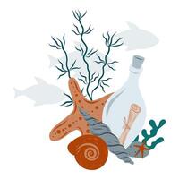 Bottle with a scroll at the bottom of the ocean surrounded by corals, algae, starfish, fish. Underwater illustration for cards, designs, invitations vector