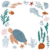 Template with sea turtle, fish, whale and ocean elements. Marine Background for invitation or greeting cards. Illustration of underwater Frame vector
