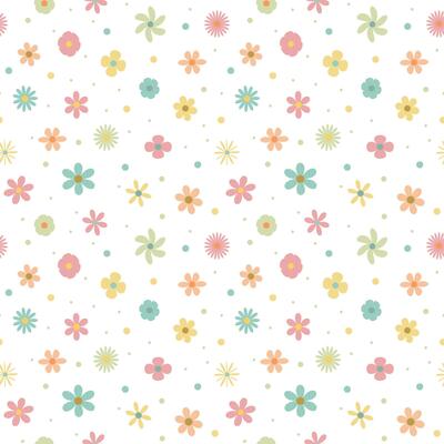Abstract Seamless floral pattern with dots, simple colorful flowers hand drawn pattern, vintage groovy flowers. 60s, 70s, 80s